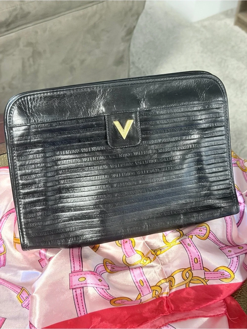 Mario Valentino Black Leather Clutch with Gold V Logo